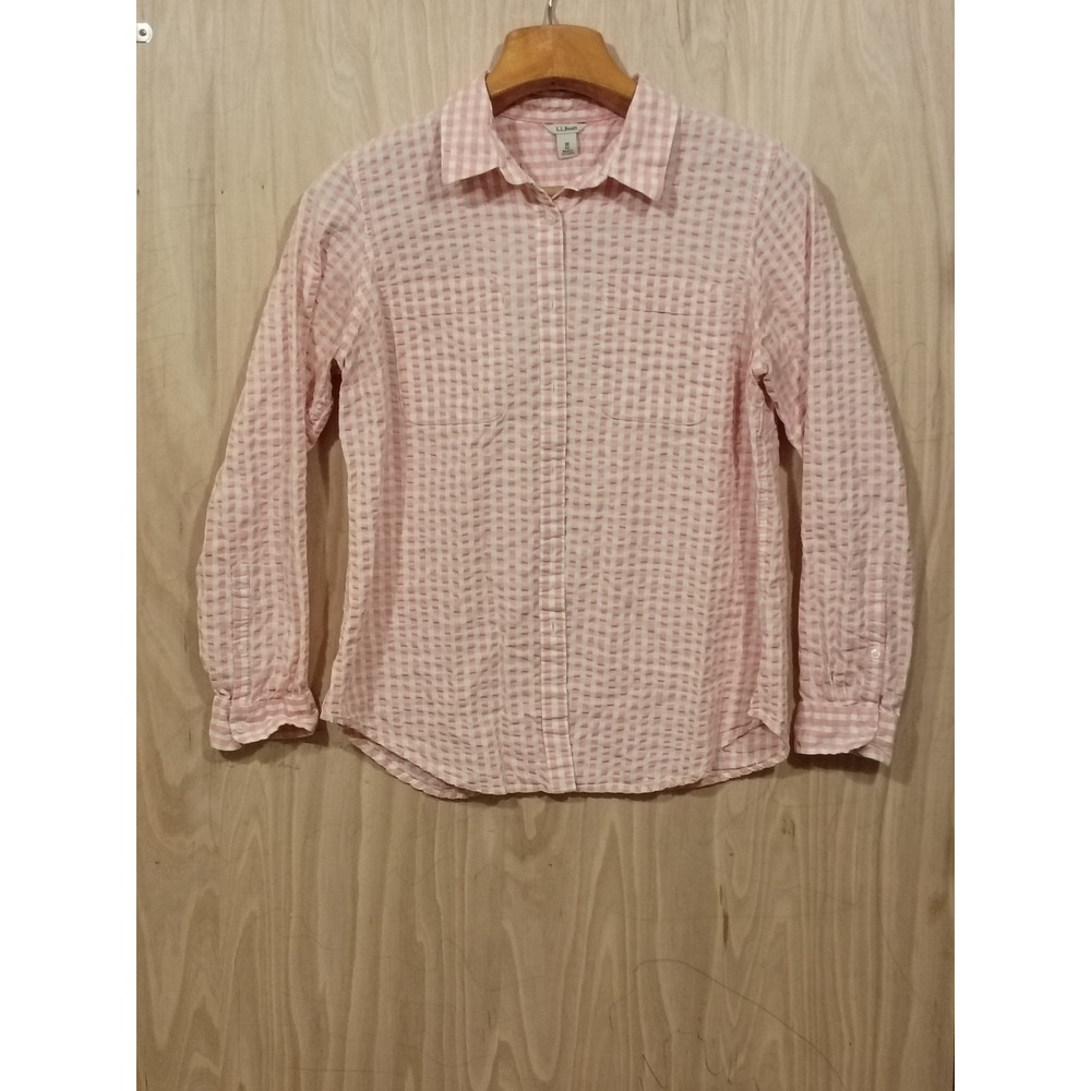 L.L. Bean Women's Seersuckerb Shirt, Long Sleeve Plaid Soft Relaxing Pink Size M
